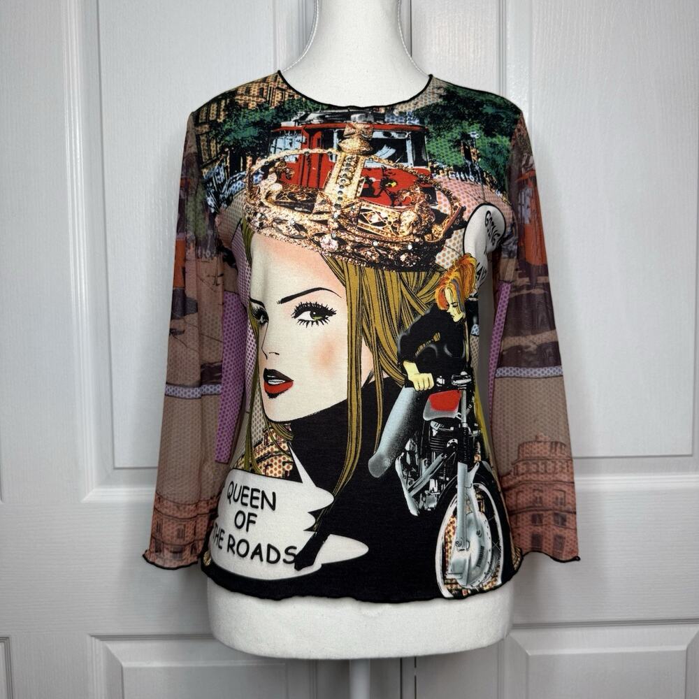 Clio Comic Strip Moto Y2K Mesh Top Queen of the Roads Women’s Large